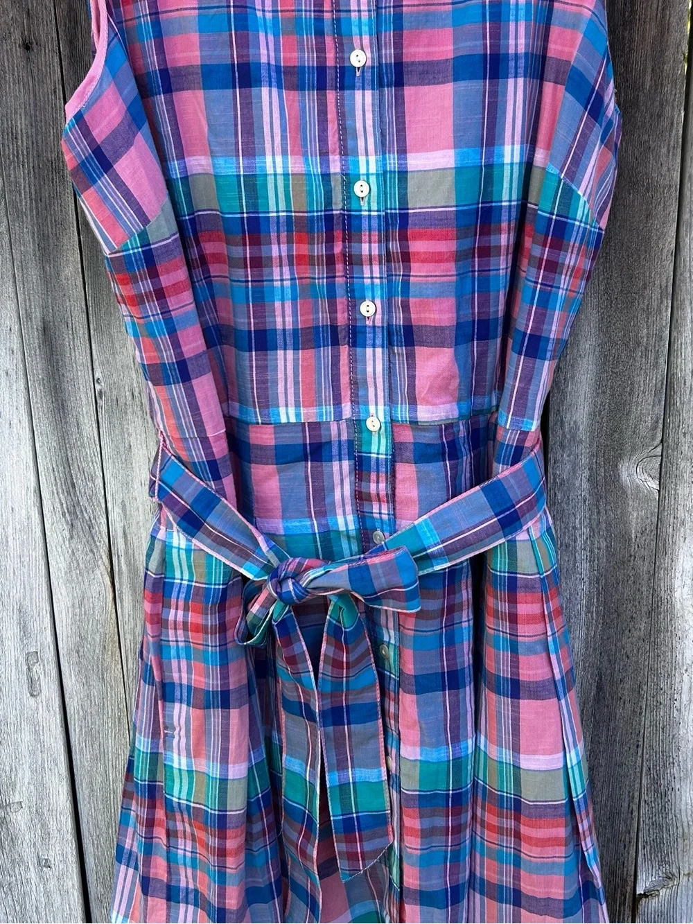 Talbots Madras Plaid Button Front Shirtdress Belted Cotton Pink Blue 12 - Picture 8 of 16
